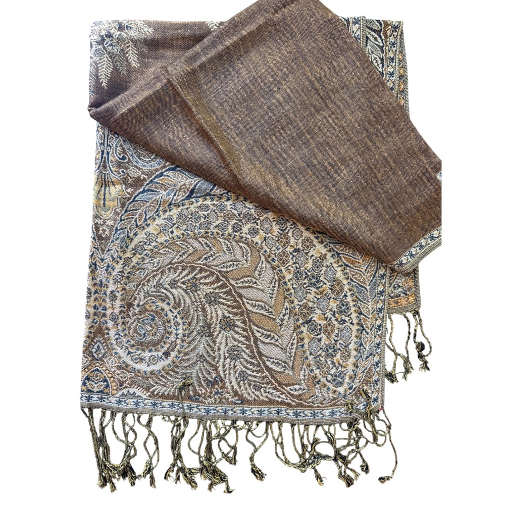 Paisley Shawl Wrap Women OS Brown Boho Jacquard Fringe Pashmina Scarf NWOT